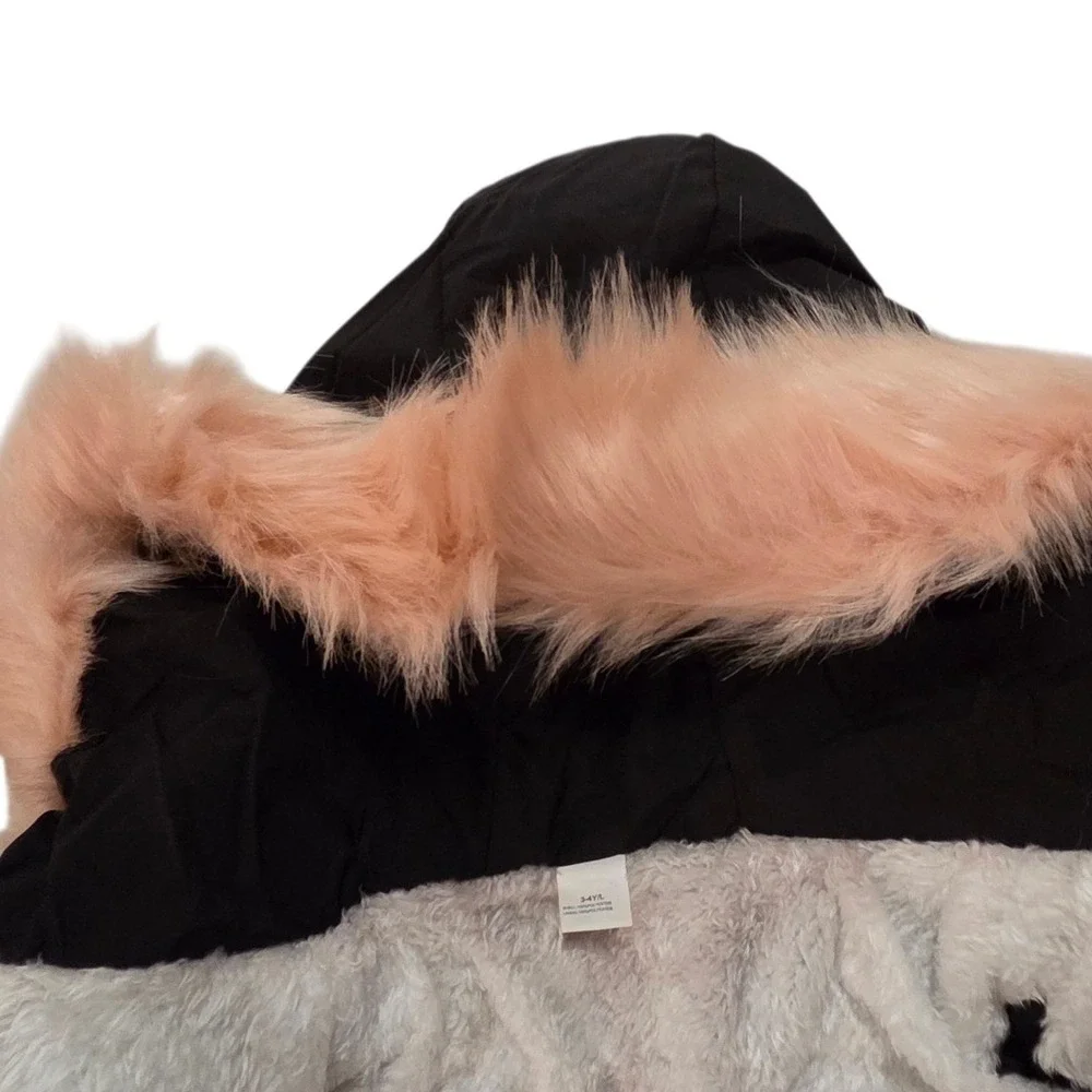 New Girls Black Quilted Puffer Jacket Pink Faux Fur Hood Floral‎ Embroidery 3-4Y